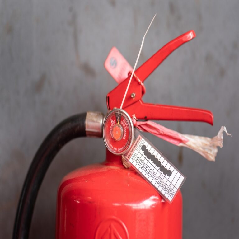 Chemical fire extinguisher with pressure gauge and monthly inspe