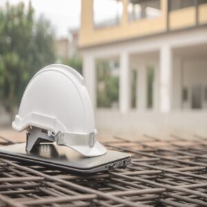 white safety helmet at construction site with building background